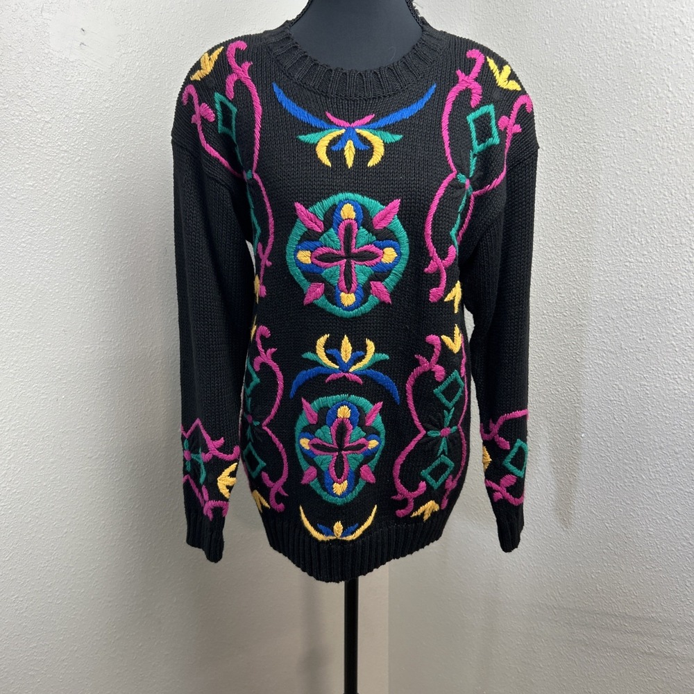 New Weathervane Knit Pullover Sweater Women's M Black‎ Embroidered Floral Retro
